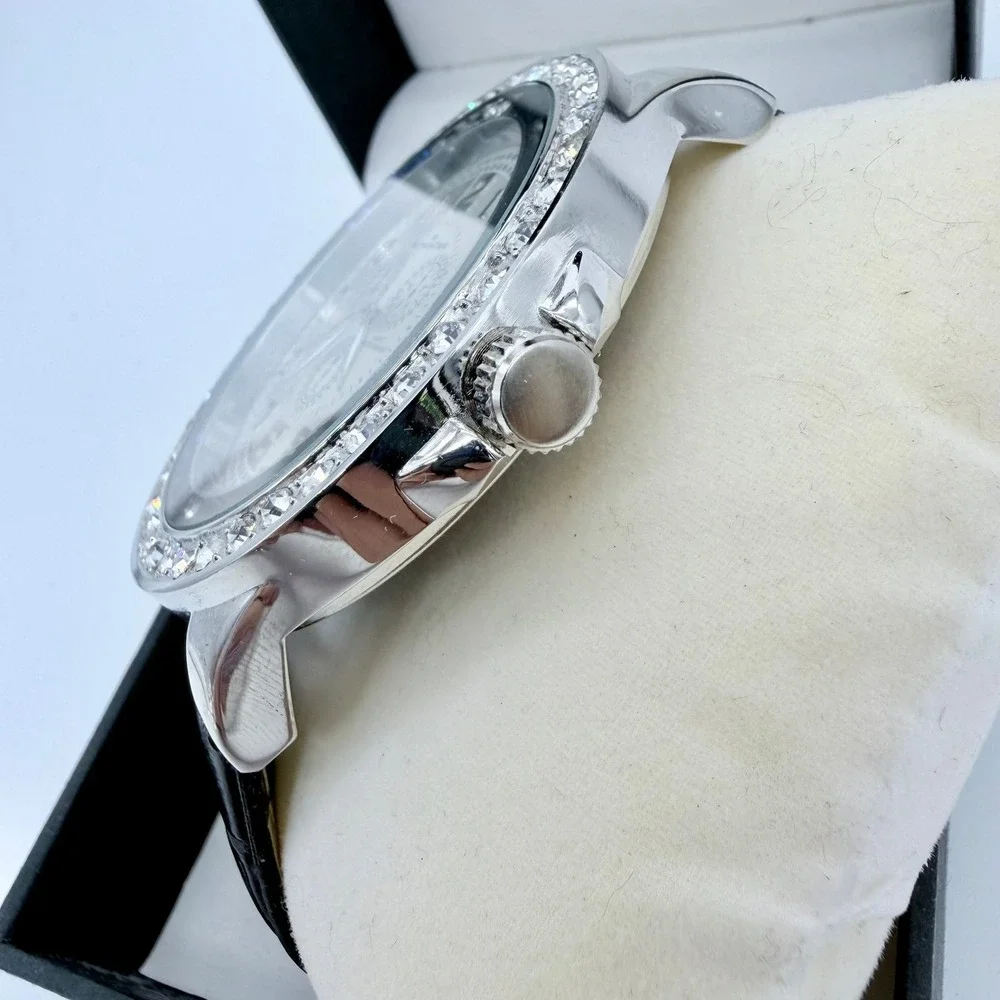 Blingster 5292 Mens Quartz Stainless Steel Black Leather Silver Crystal Watch